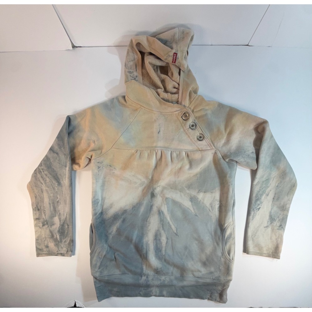 Hard Tail Forever Tie Dye Hoodie Pullover Button Neck Blue Tan Large Made in USA